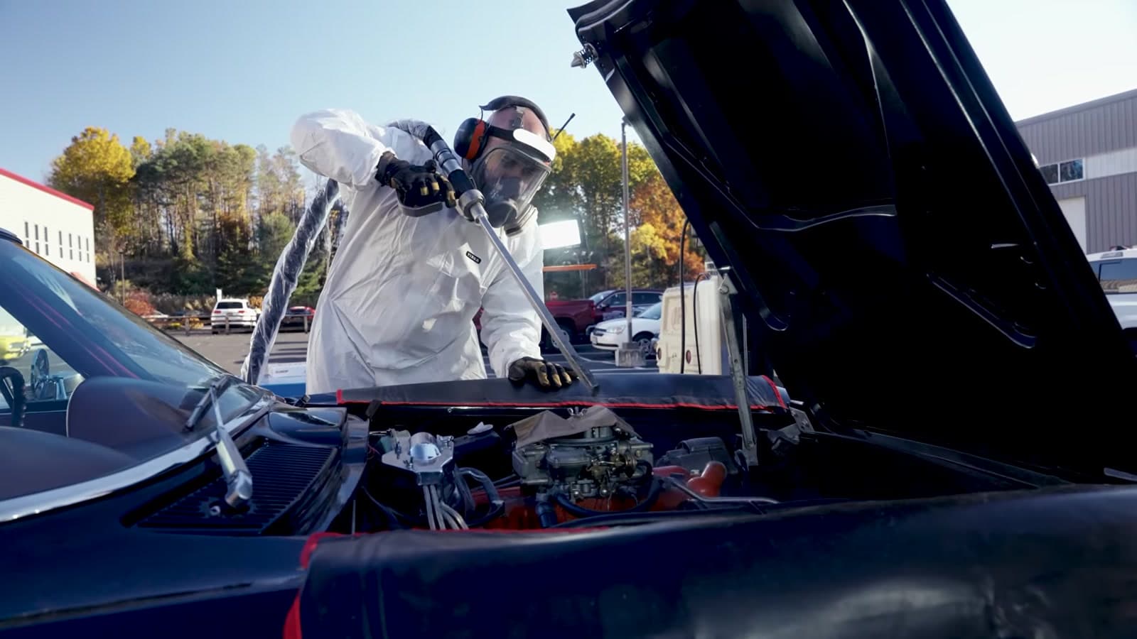 Dry ice blasting an engine bay on a classic car