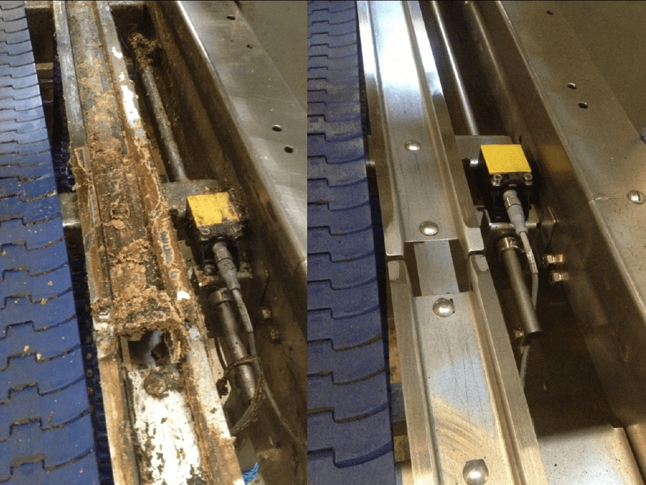 Flour-dusted conveyor and sidewalls cleaned in place