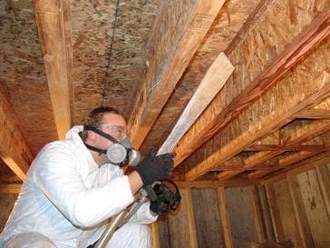 Technician using dry ice to remove mold from roof rafters inside a clean containment